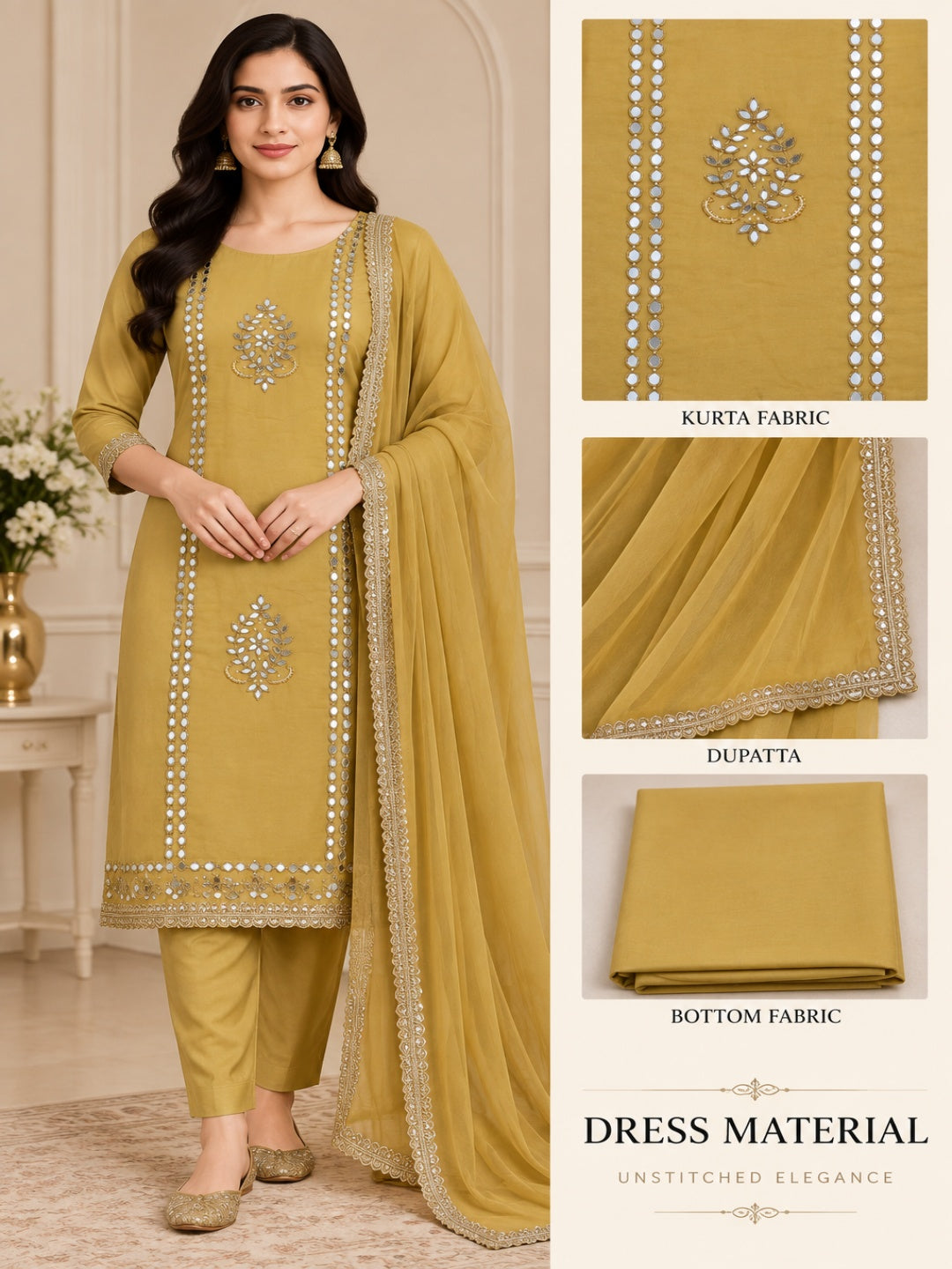 Muslin with Chiffon Dupatta Unstitched Suit Haldi Yellow Color