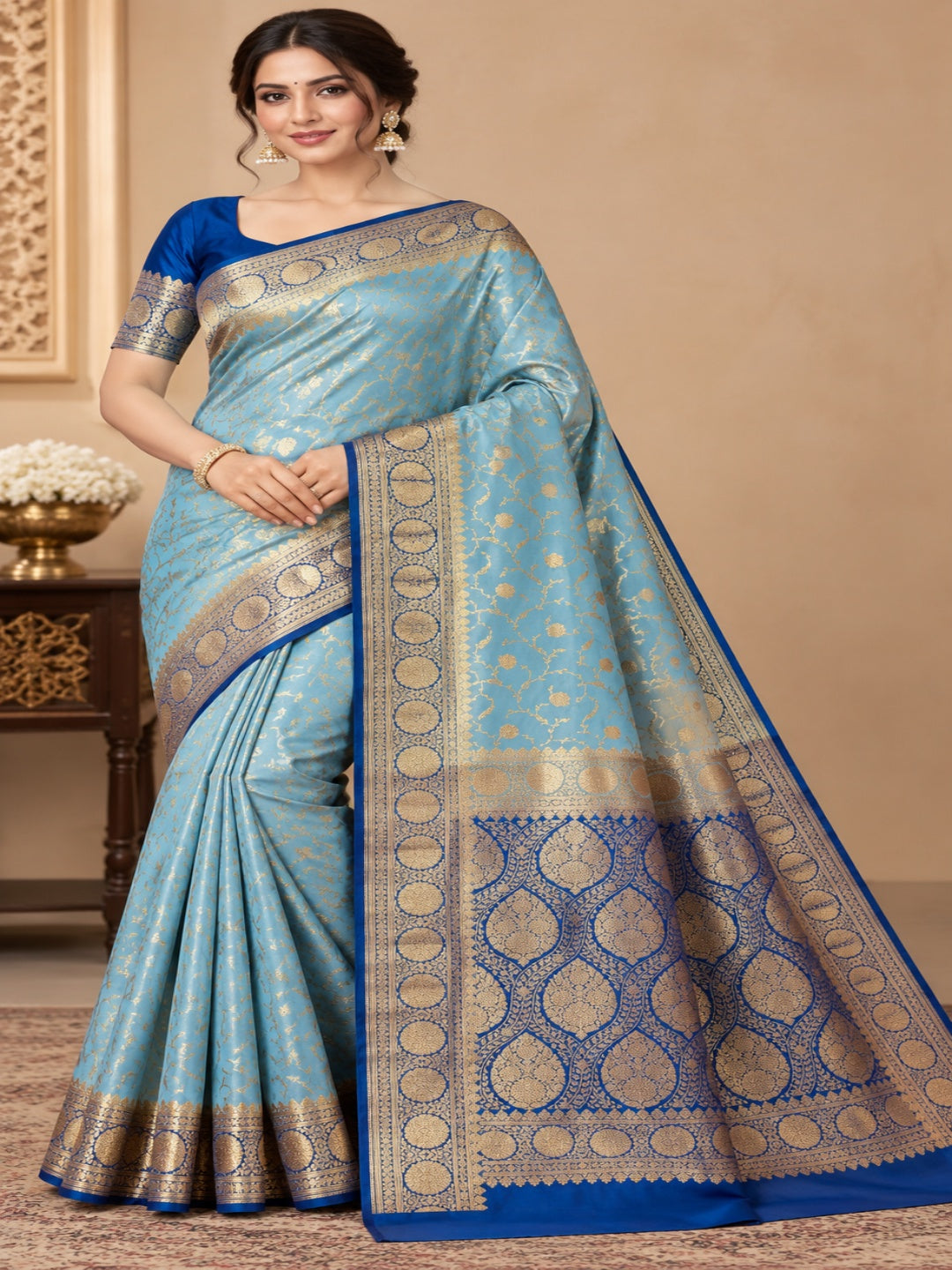 Sky Blue with Navy Blue and Golden Zari Work Silk Blend Saree for Wedding &amp; Festive Wear with Unstitched Blouse
