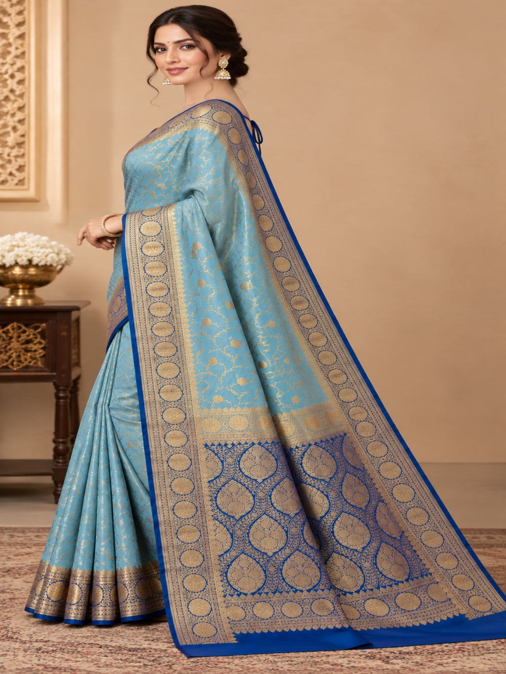 Sky Blue with Navy Blue and Golden Zari Work Silk Blend Saree for Wedding &amp; Festive Wear with Unstitched Blouse