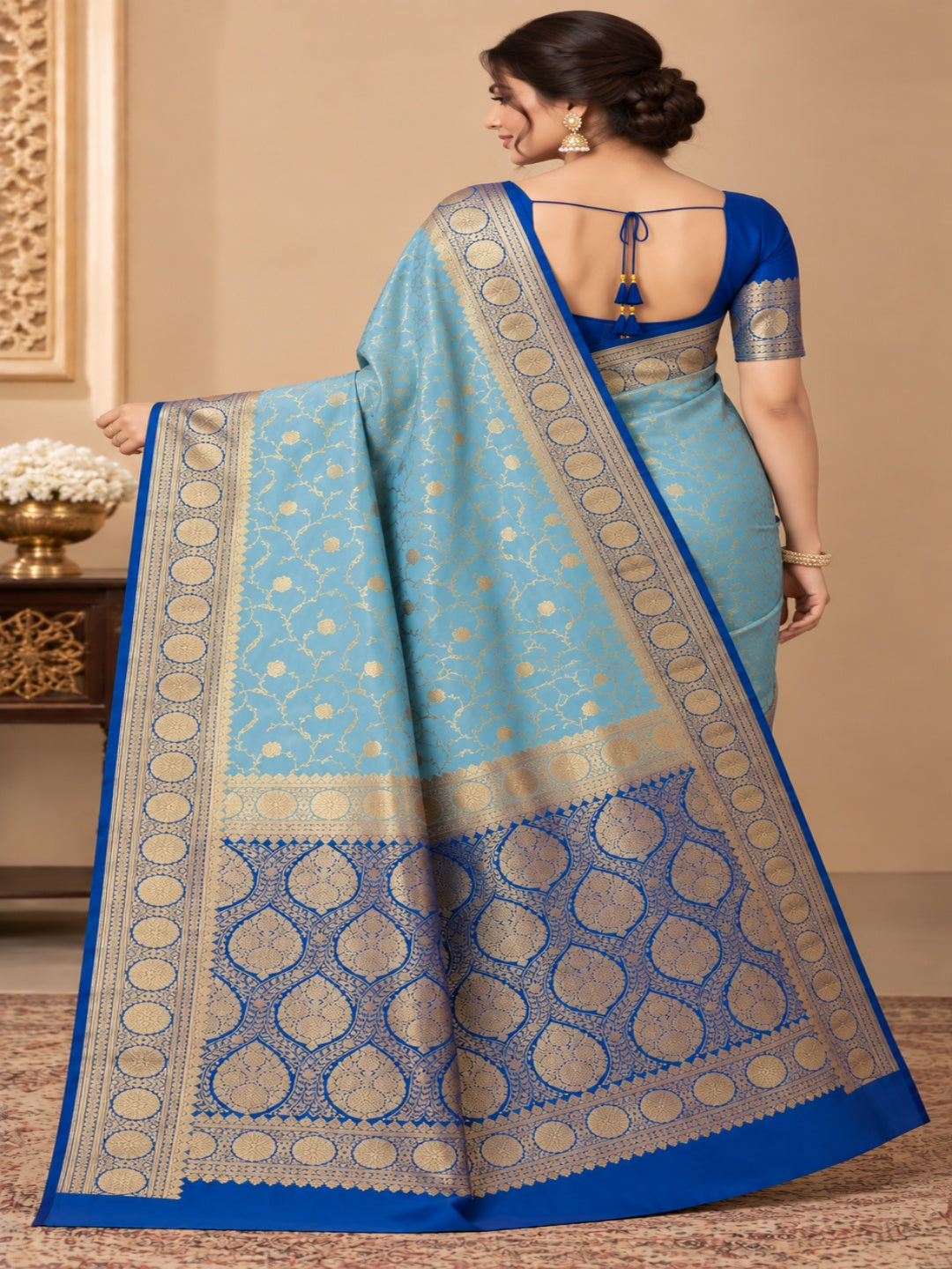 Sky Blue with Navy Blue and Golden Zari Work Silk Blend Saree for Wedding &amp; Festive Wear with Unstitched Blouse