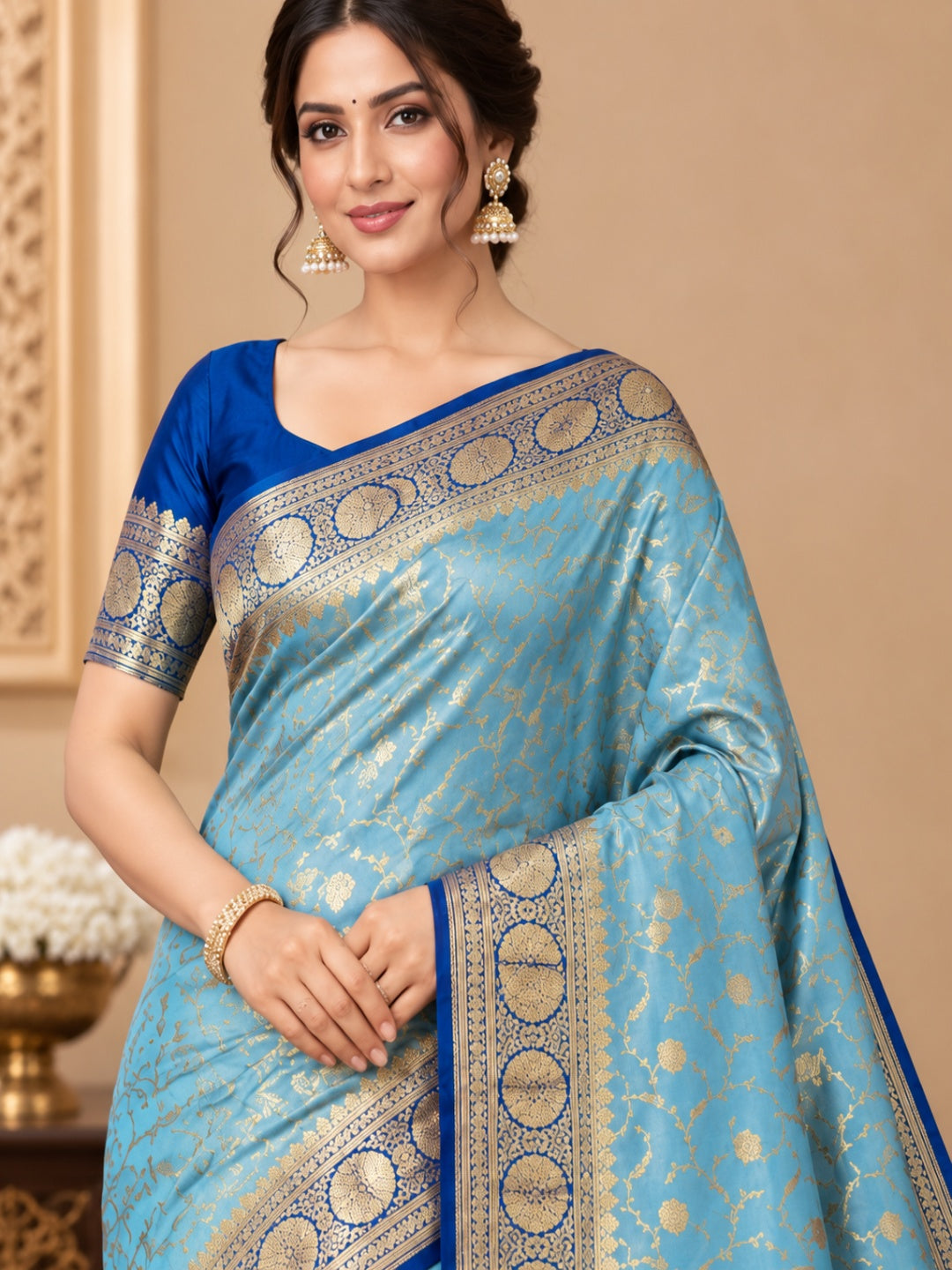 Sky Blue with Navy Blue and Golden Zari Work Silk Blend Saree for Wedding &amp; Festive Wear with Unstitched Blouse