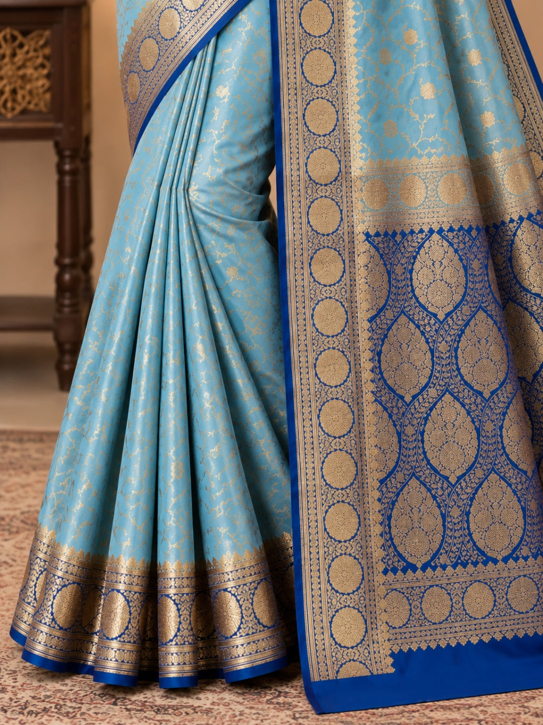 Sky Blue with Navy Blue and Golden Zari Work Silk Blend Saree for Wedding &amp; Festive Wear with Unstitched Blouse