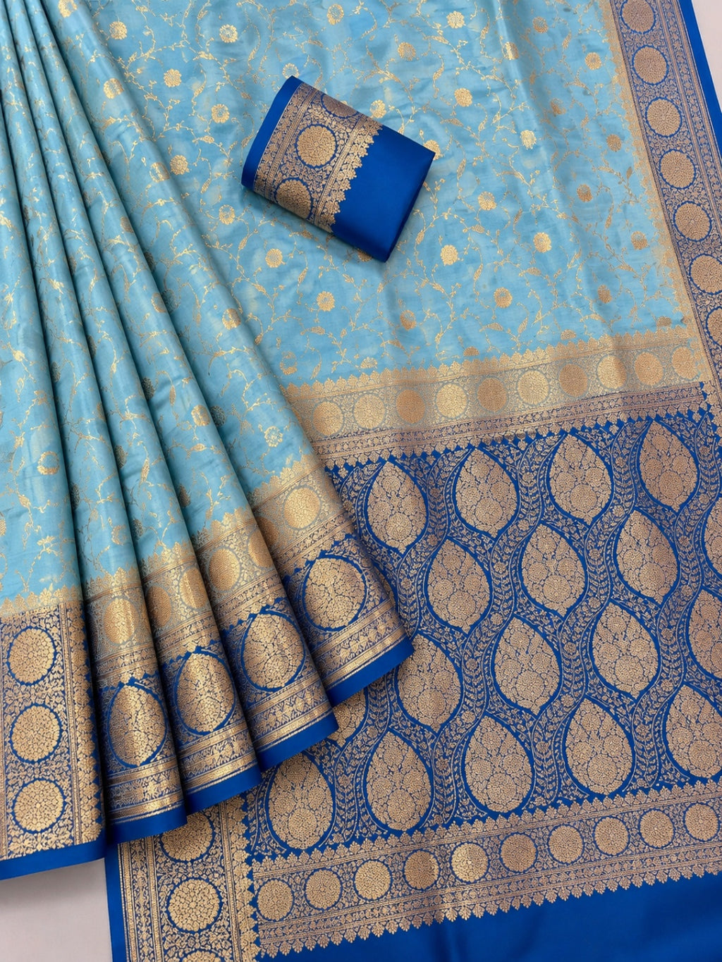 Sky Blue with Navy Blue and Golden Zari Work Silk Blend Saree for Wedding &amp; Festive Wear with Unstitched Blouse