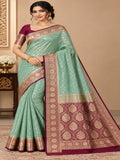 Mint Green with Rani Pink and Golden Zari Work Silk Blend Saree for Wedding &amp; Festive Wear with Unstitched Blouse
