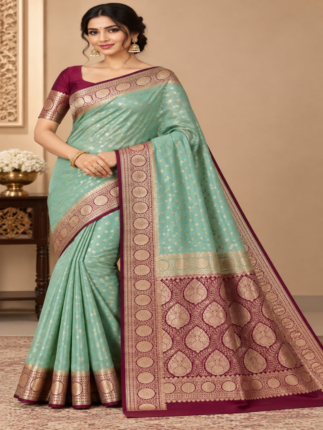 Mint Green with Rani Pink and Golden Zari Work Silk Blend Saree for Wedding &amp; Festive Wear with Unstitched Blouse