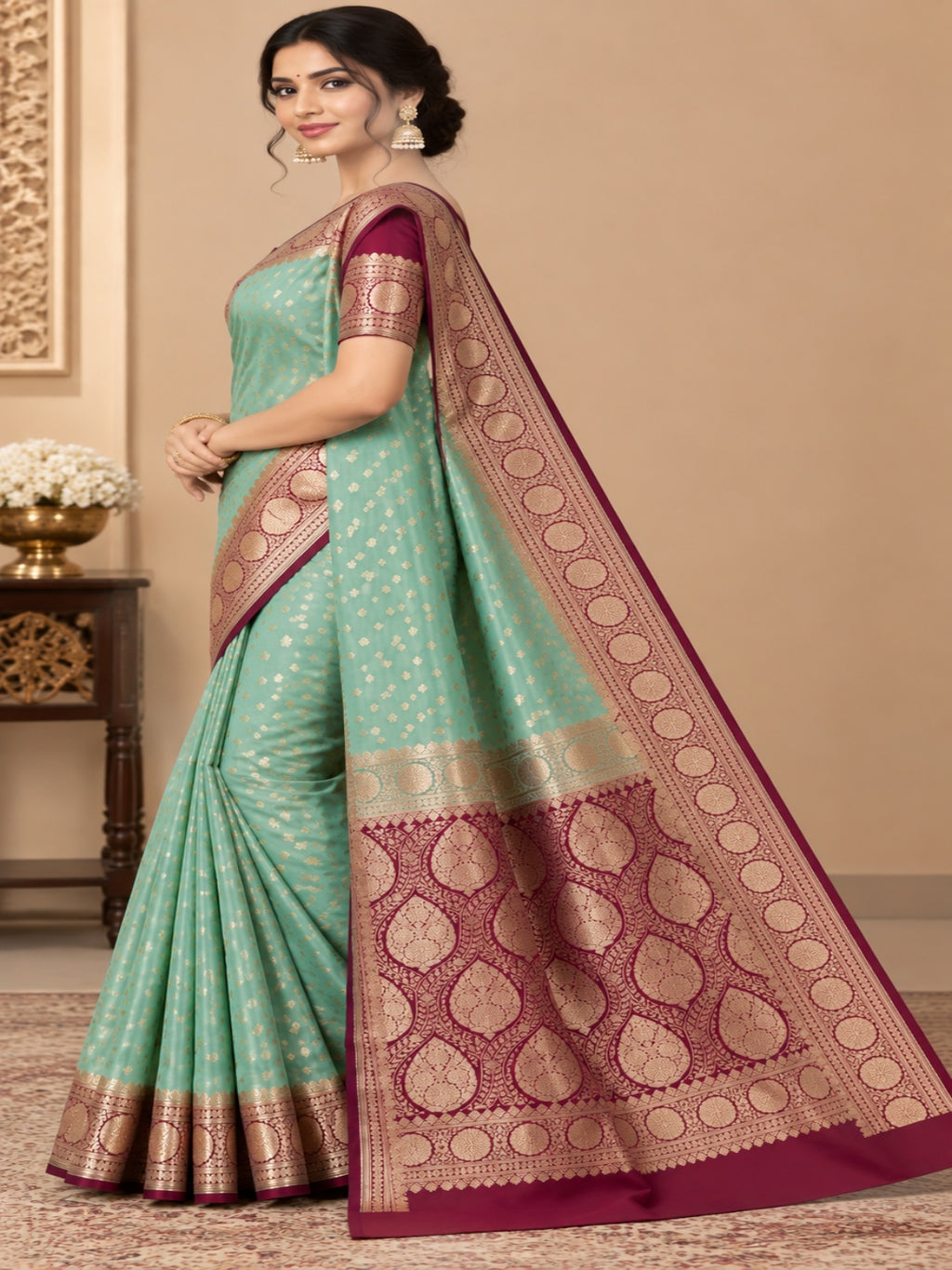 Mint Green with Rani Pink and Golden Zari Work Silk Blend Saree for Wedding &amp; Festive Wear with Unstitched Blouse
