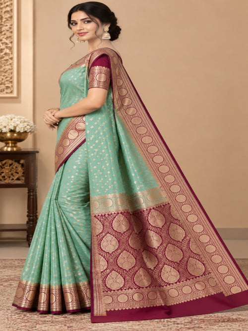 Mint Green with Rani Pink and Golden Zari Work Silk Blend Saree for Wedding &amp; Festive Wear with Unstitched Blouse