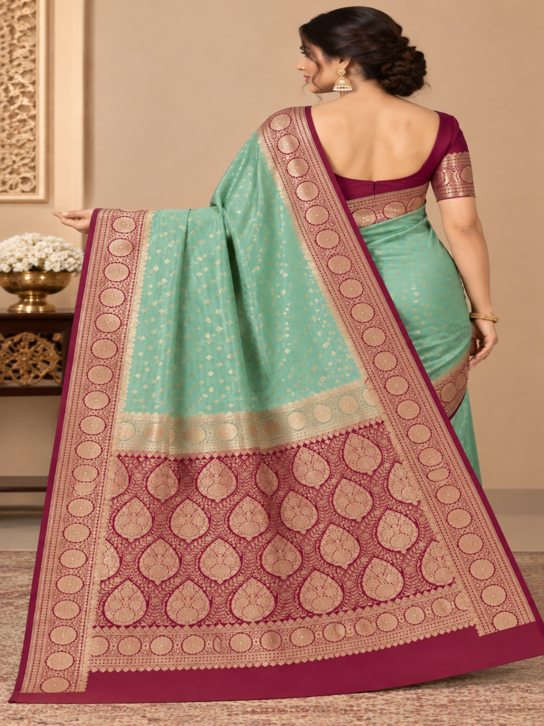 Mint Green with Rani Pink and Golden Zari Work Silk Blend Saree for Wedding &amp; Festive Wear with Unstitched Blouse