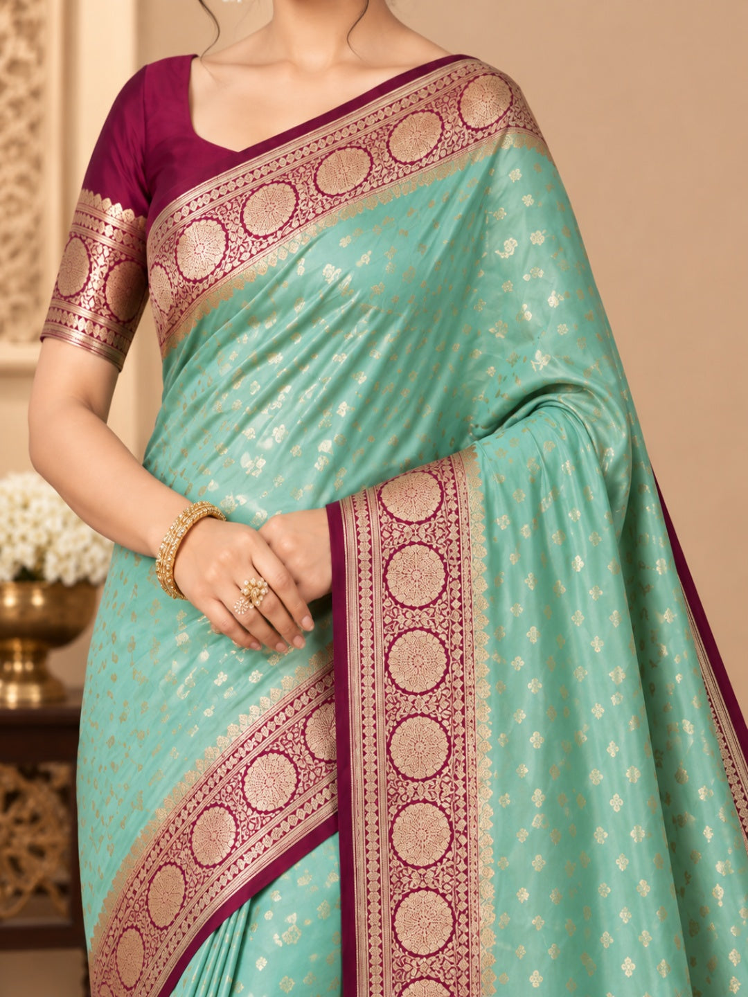 Mint Green with Rani Pink and Golden Zari Work Silk Blend Saree for Wedding &amp; Festive Wear with Unstitched Blouse