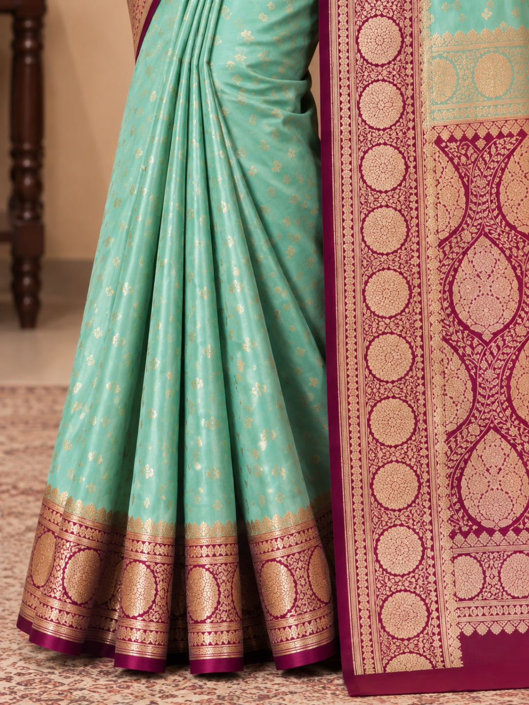 Mint Green with Rani Pink and Golden Zari Work Silk Blend Saree for Wedding &amp; Festive Wear with Unstitched Blouse