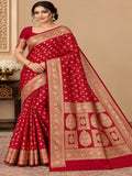 Red and Golden Zari Work Silk Blend Saree for Wedding &amp; Festive Wear with Unstitched Blouse