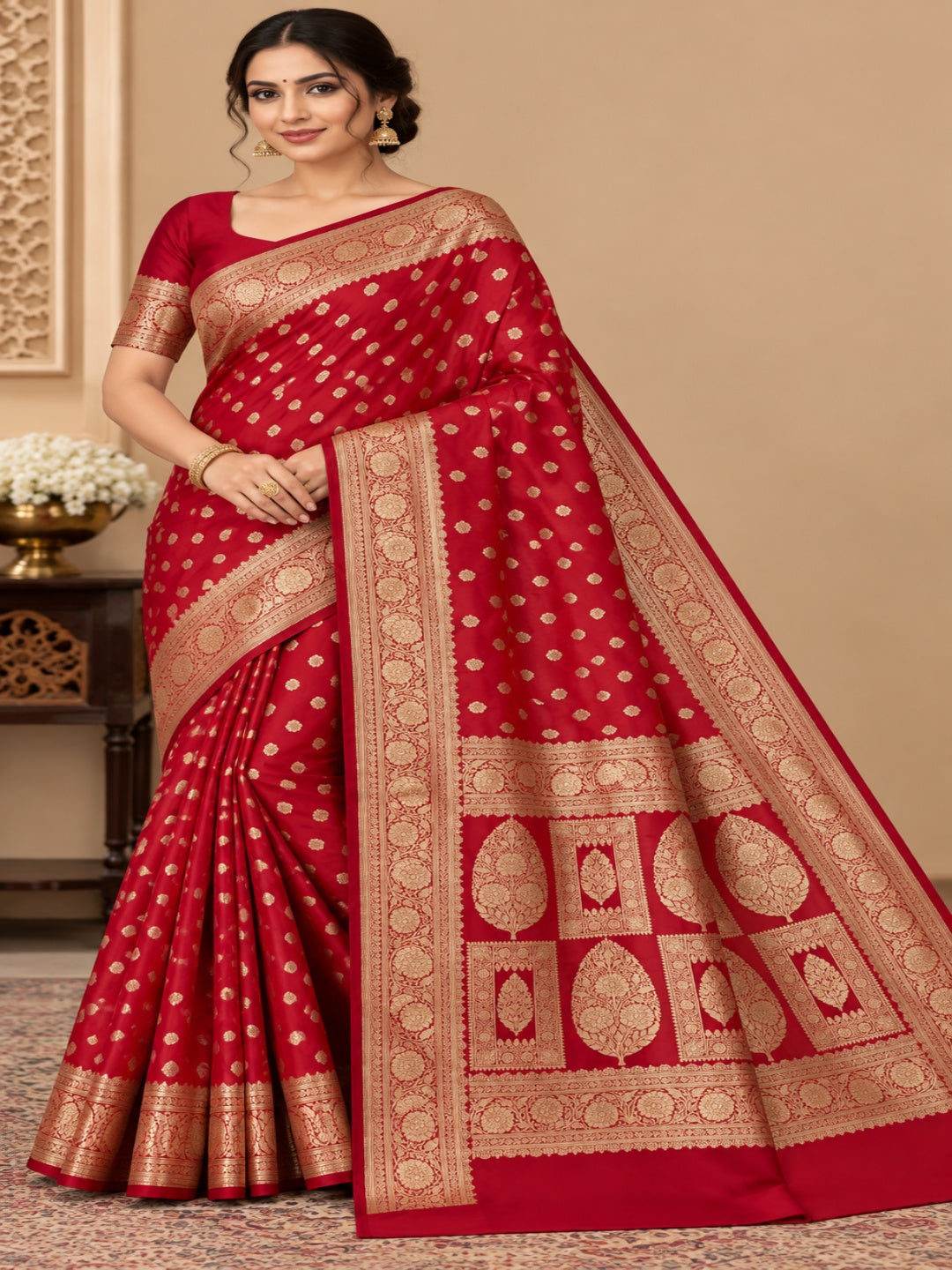 Red and Golden Zari Work Silk Blend Saree for Wedding &amp; Festive Wear with Unstitched Blouse