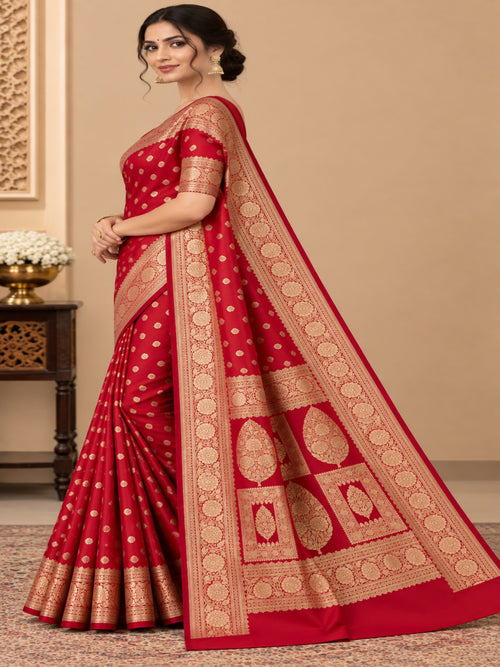Red and Golden Zari Work Silk Blend Saree for Wedding &amp; Festive Wear with Unstitched Blouse