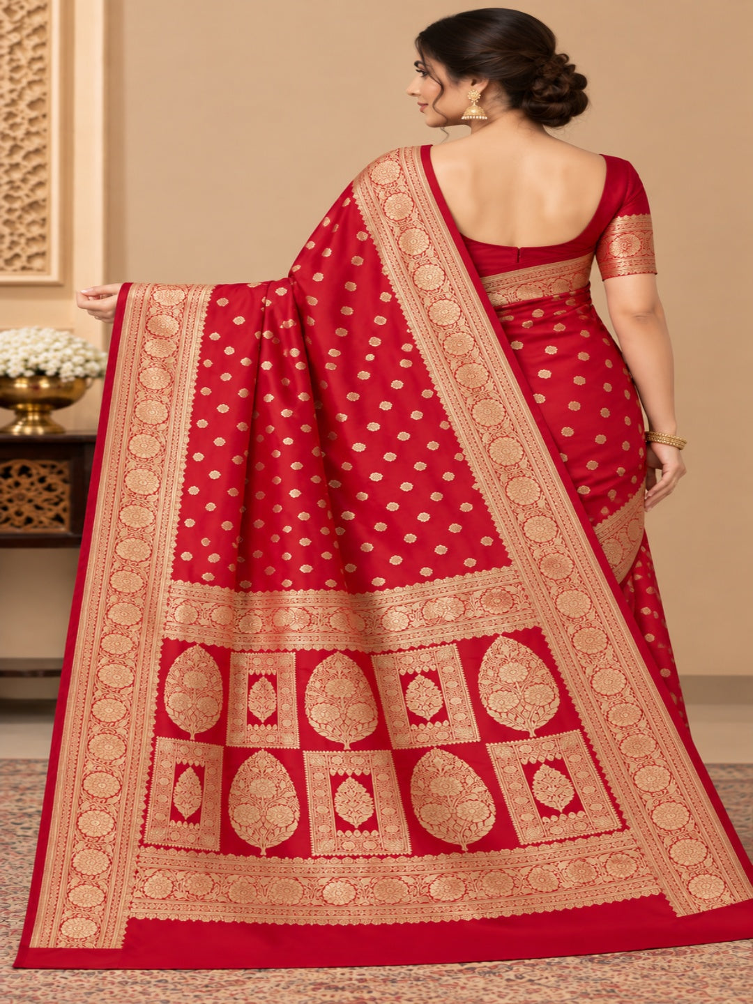 Red and Golden Zari Work Silk Blend Saree for Wedding &amp; Festive Wear with Unstitched Blouse
