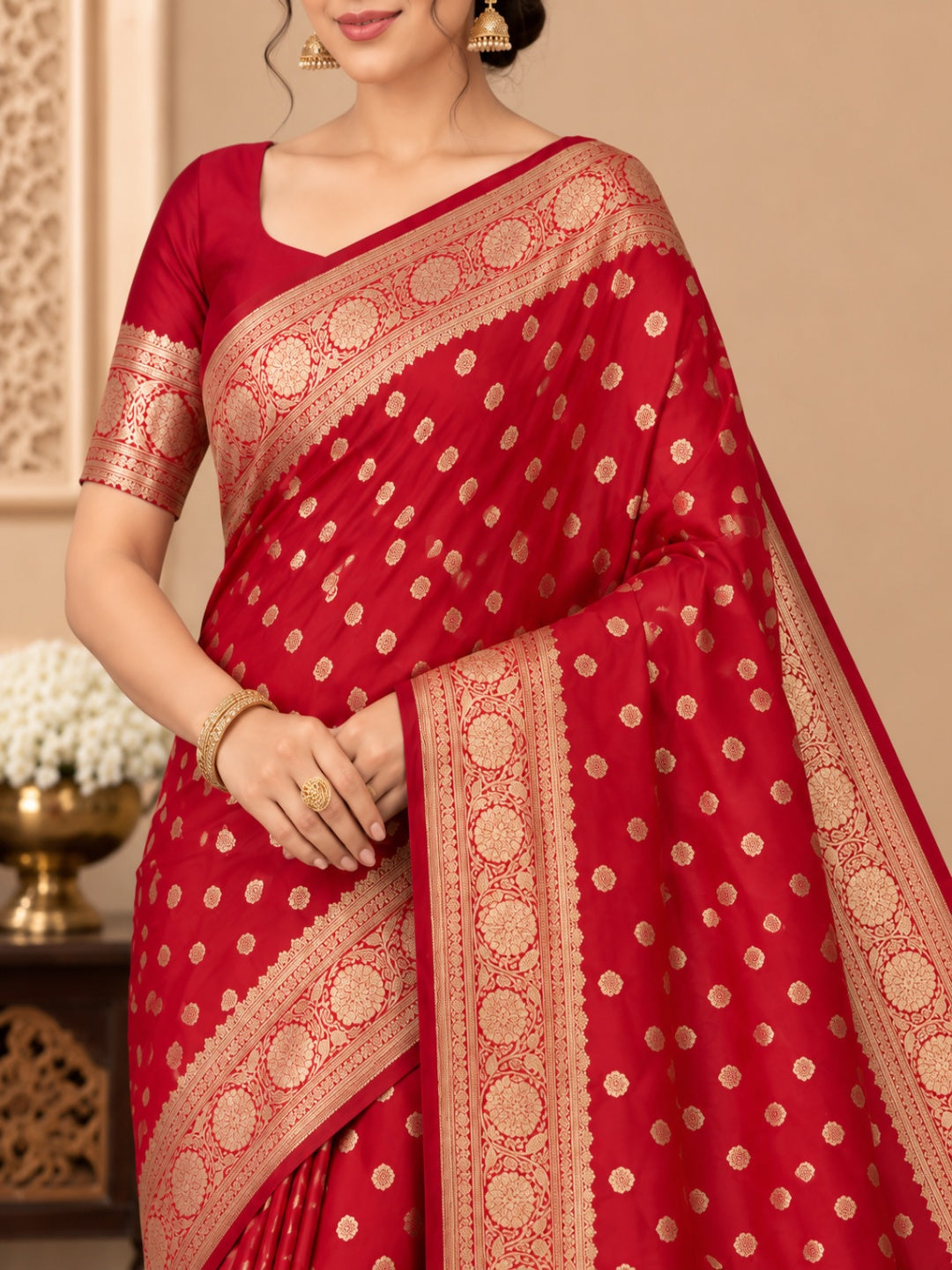 Red and Golden Zari Work Silk Blend Saree for Wedding &amp; Festive Wear with Unstitched Blouse