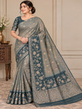 Teal Blue with Golden Zari Work Glass Tissue Saree for Wedding &amp; Festive Wear with Unstitched Blouse