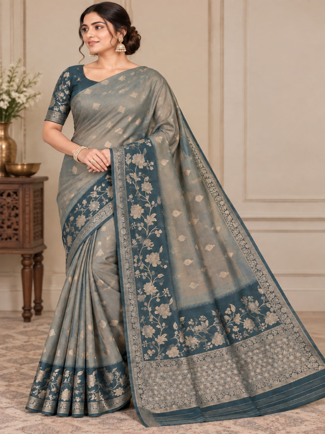 Teal Blue with Golden Zari Work Glass Tissue Saree for Wedding &amp; Festive Wear with Unstitched Blouse