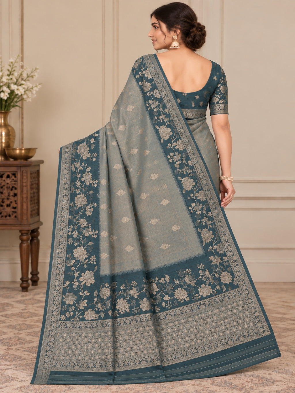 Teal Blue with Golden Zari Work Glass Tissue Saree for Wedding &amp; Festive Wear with Unstitched Blouse