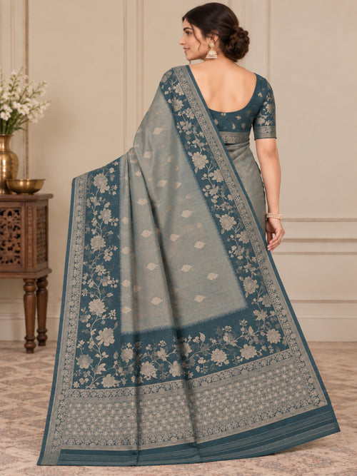 Teal Blue with Golden Zari Work Glass Tissue Saree for Wedding &amp; Festive Wear with Unstitched Blouse