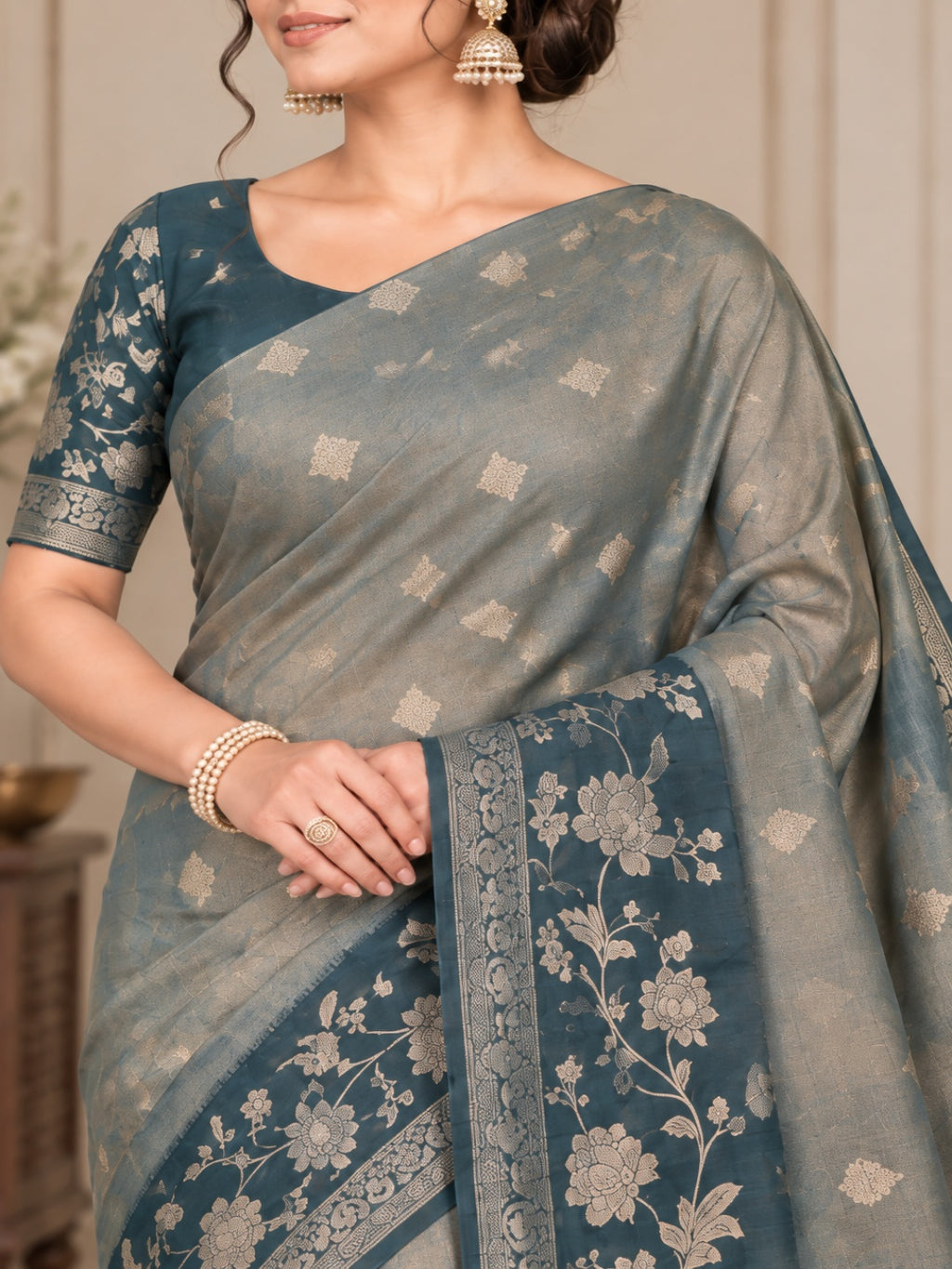 Teal Blue with Golden Zari Work Glass Tissue Saree for Wedding &amp; Festive Wear with Unstitched Blouse
