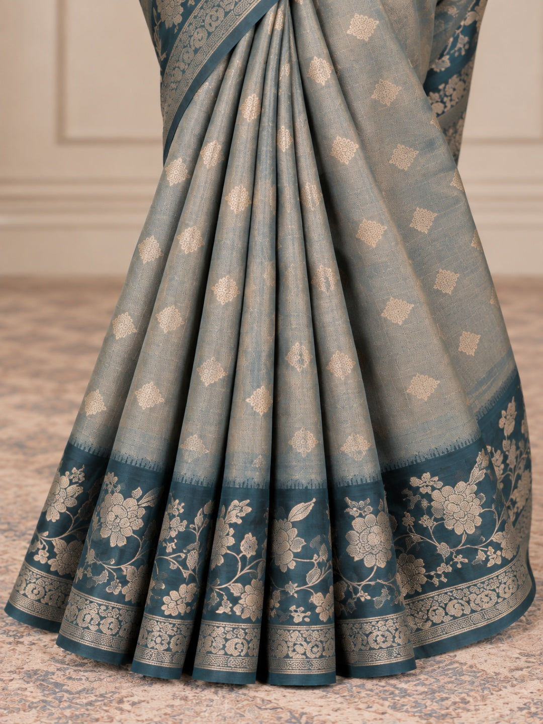 Teal Blue with Golden Zari Work Glass Tissue Saree for Wedding &amp; Festive Wear with Unstitched Blouse