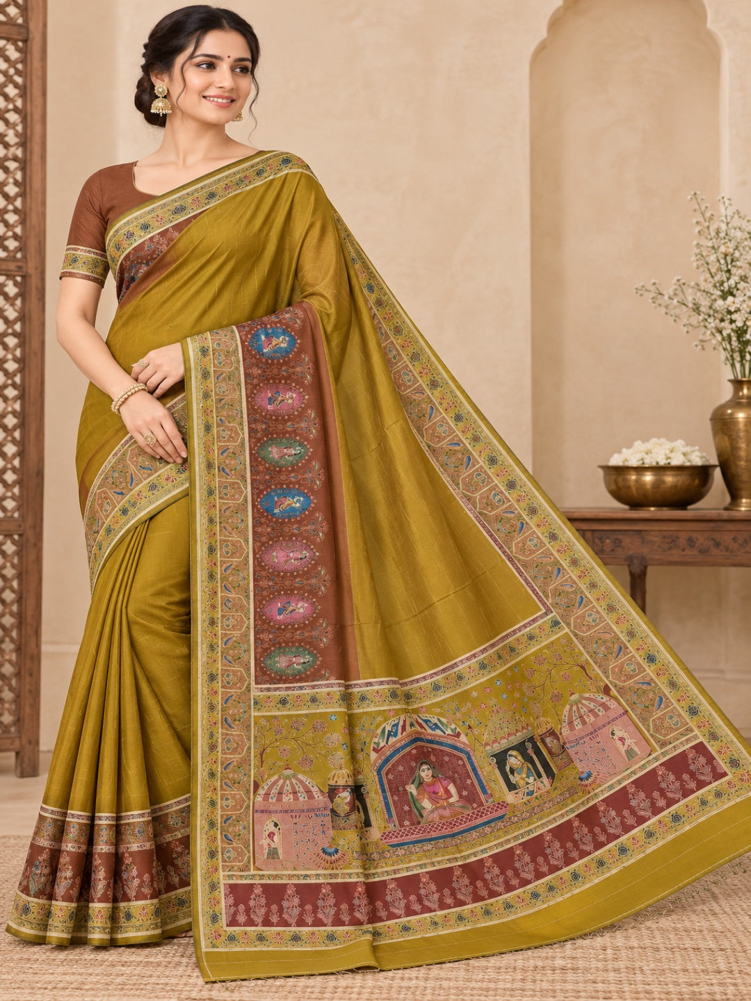 Mustard Yellow with Rust Brown Italian Crepe Waeved Saree