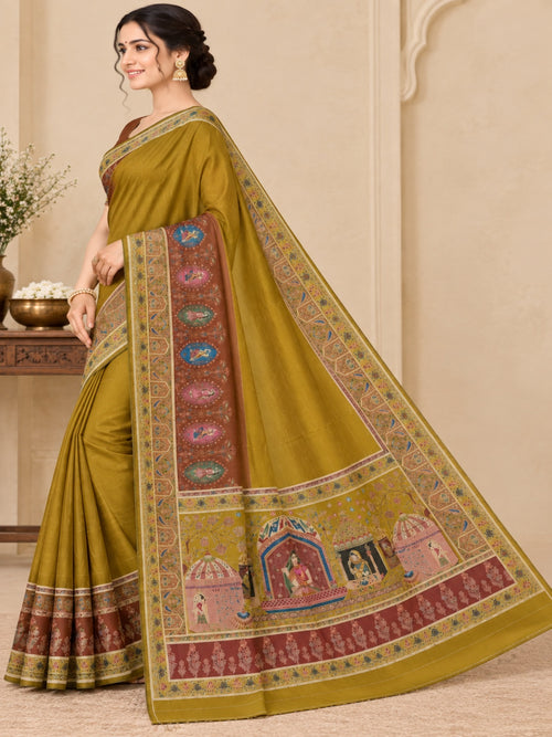 Mustard Yellow with Rust Brown Italian Crepe Waeved Saree