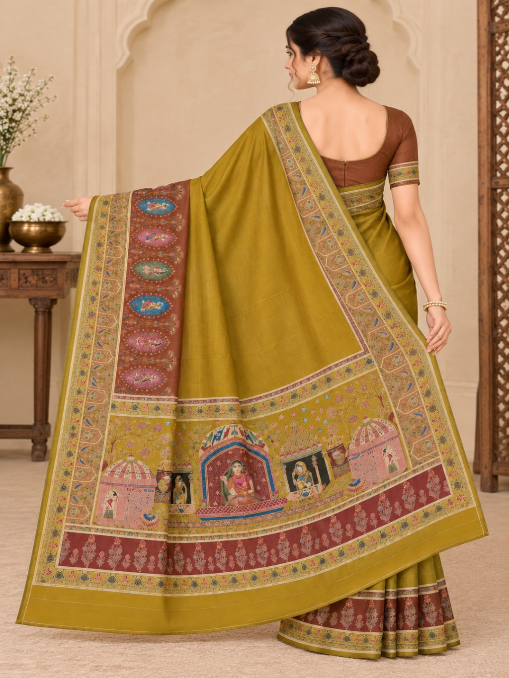 Mustard Yellow with Rust Brown Italian Crepe Waeved Saree