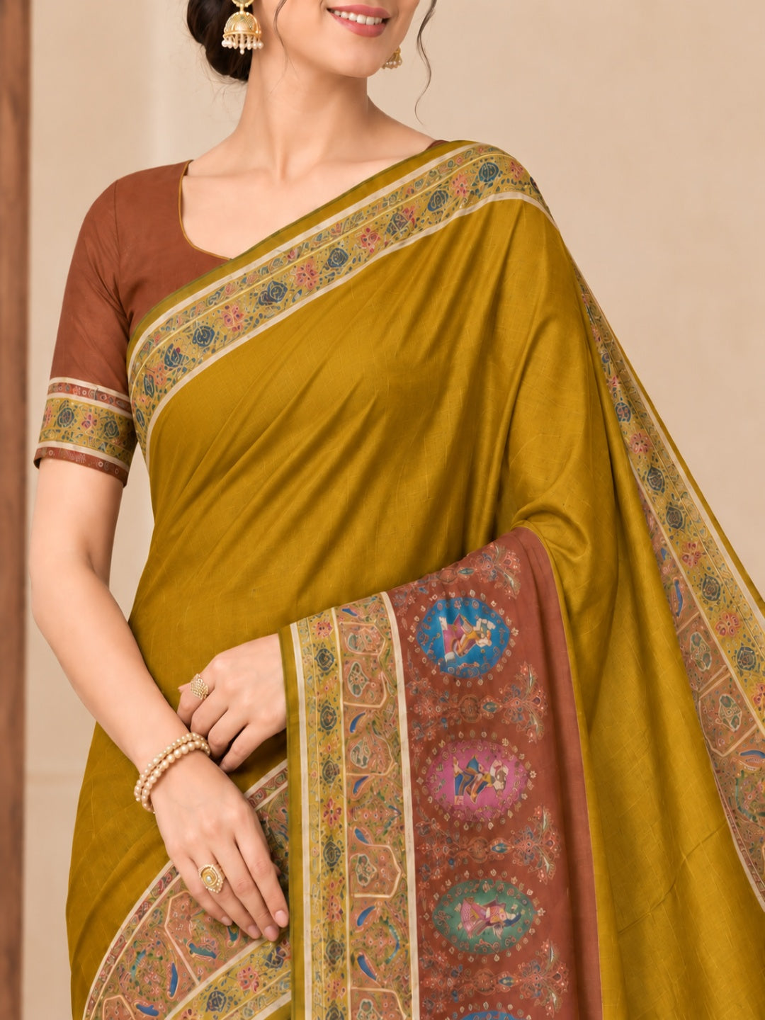 Mustard Yellow with Rust Brown Italian Crepe Waeved Saree