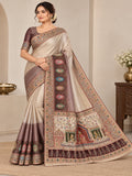 Beige with Mauve Multicolor Border Italian Crepe Waeved Saree&nbsp;