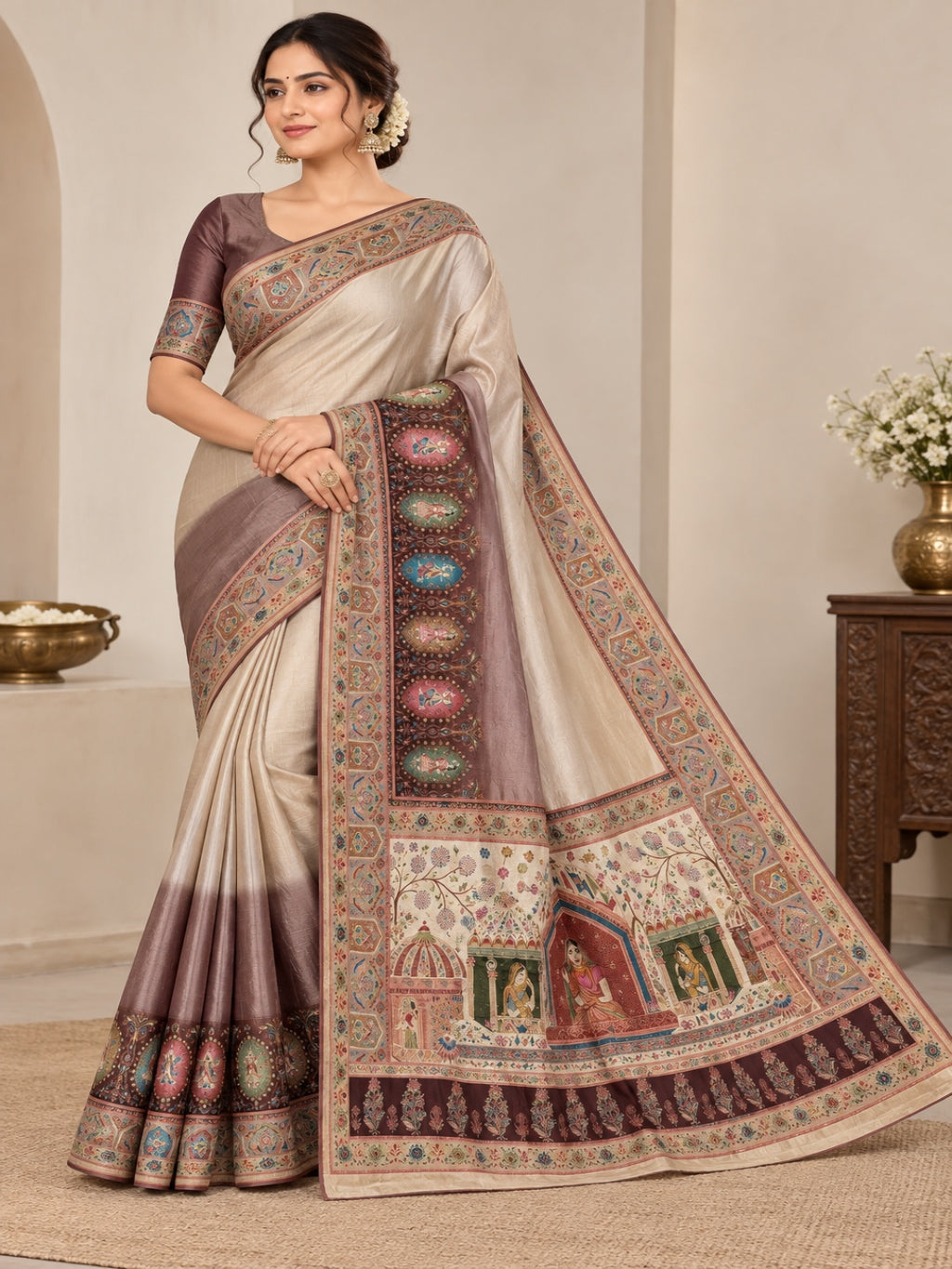 Beige with Mauve Multicolor Border Italian Crepe Waeved Saree&nbsp;
