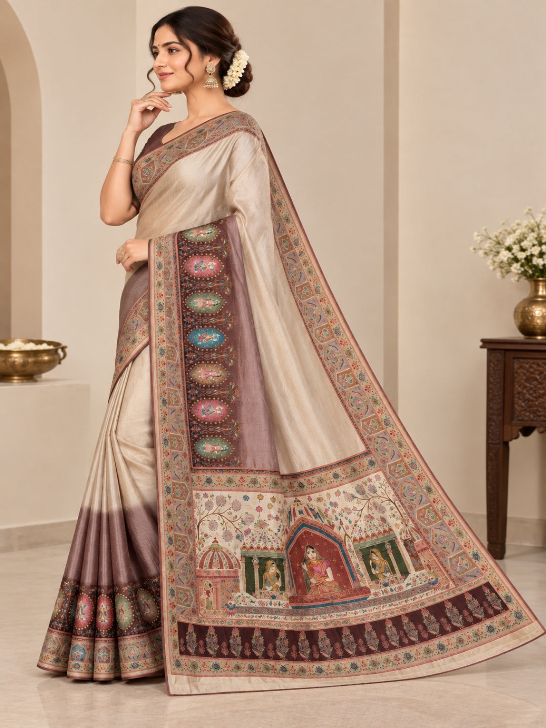 Beige with Mauve Multicolor Border Italian Crepe Waeved Saree&nbsp;