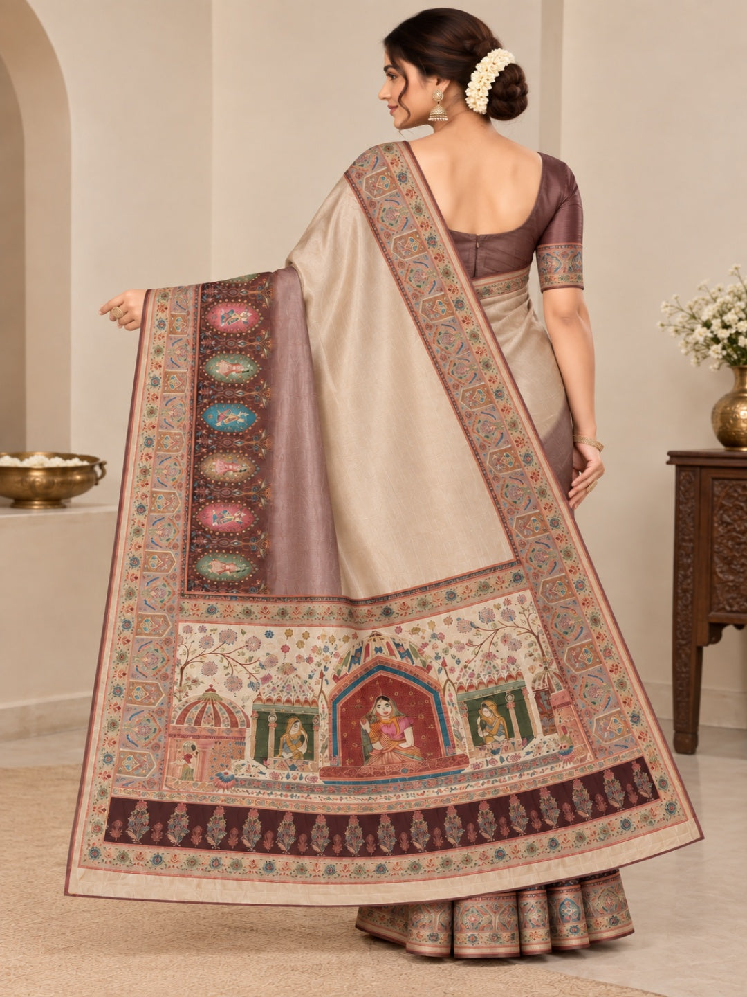 Beige with Mauve Multicolor Border Italian Crepe Waeved Saree&nbsp;