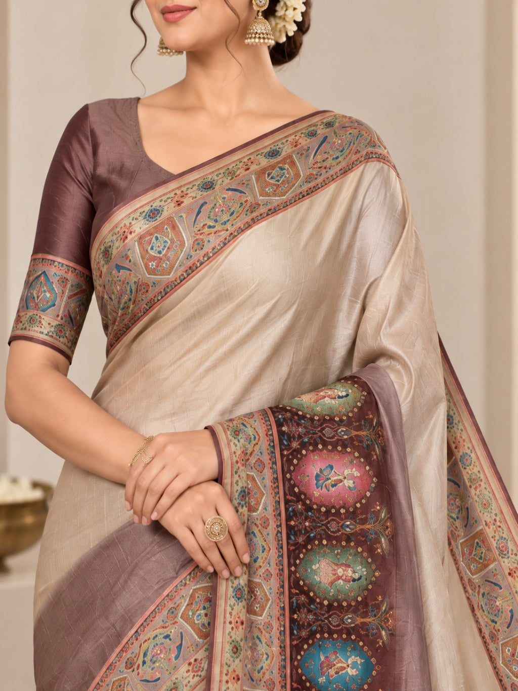 Beige with Mauve Multicolor Border Italian Crepe Waeved Saree&nbsp;