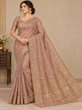 Organza Tissue Dusty Rose Miroor Work Saree for Wedding &amp; Festive Wear with Unstitched Blouse