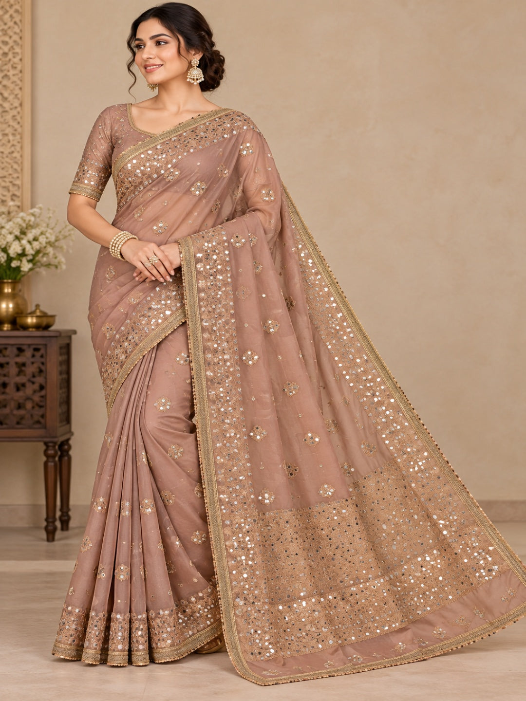 Organza Tissue Dusty Rose Miroor Work Saree for Wedding &amp; Festive Wear with Unstitched Blouse