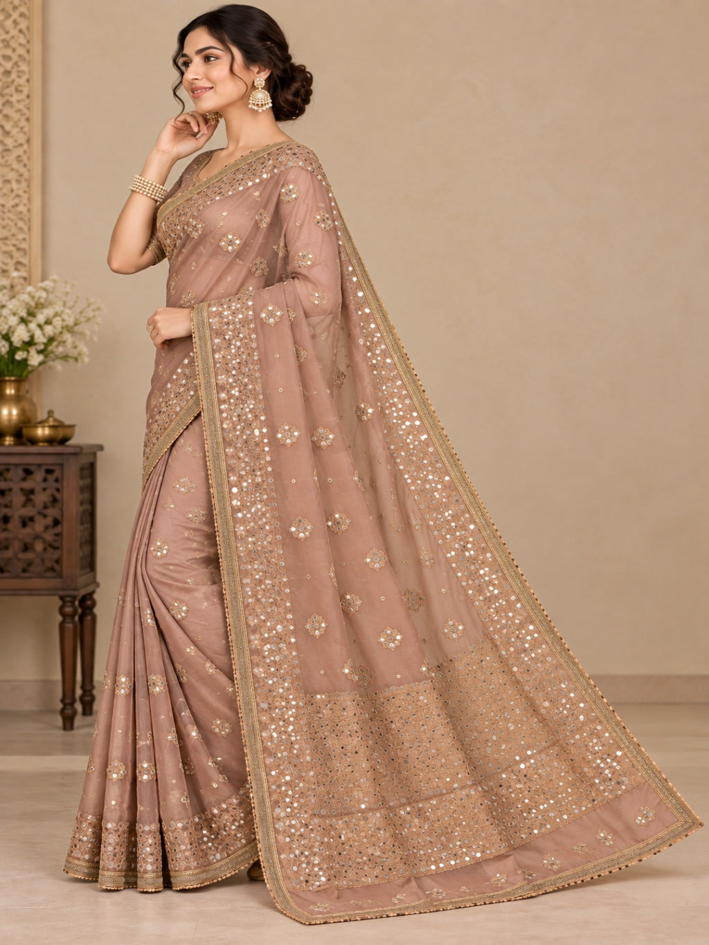 Organza Tissue Dusty Rose Miroor Work Saree for Wedding &amp; Festive Wear with Unstitched Blouse