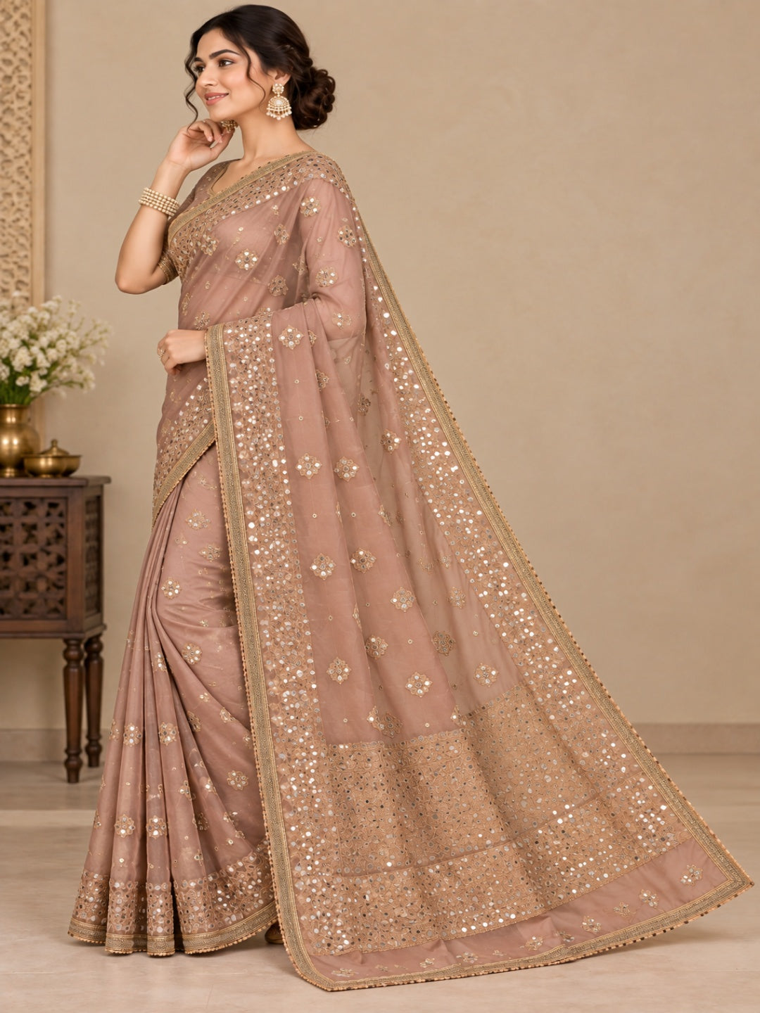Organza Tissue Dusty Rose Miroor Work Saree for Wedding &amp; Festive Wear with Unstitched Blouse