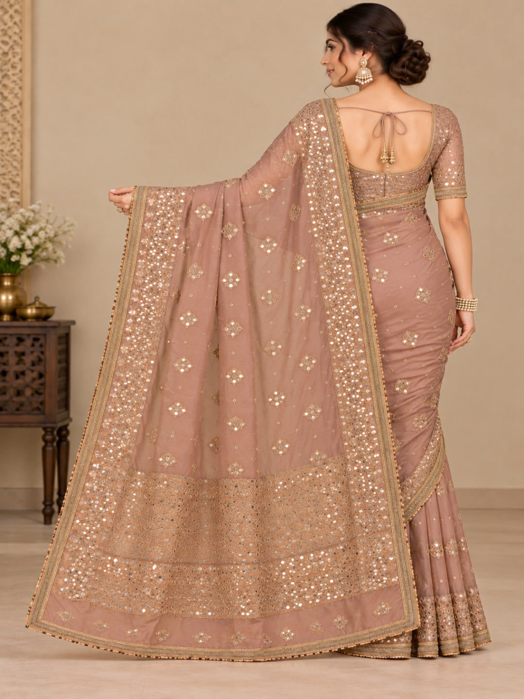 Organza Tissue Dusty Rose Miroor Work Saree for Wedding &amp; Festive Wear with Unstitched Blouse
