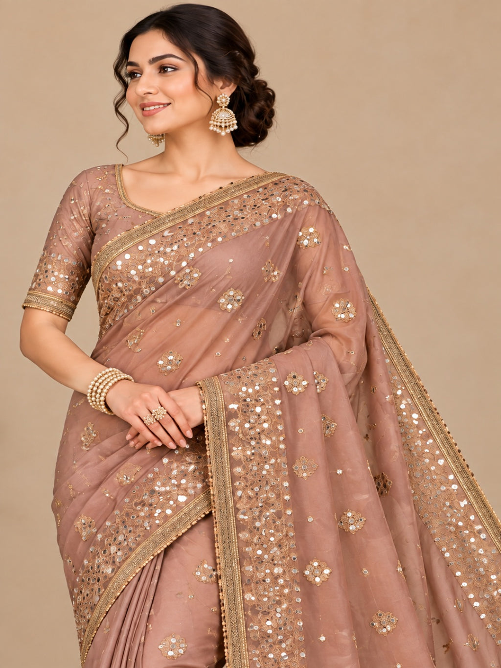 Organza Tissue Dusty Rose Miroor Work Saree for Wedding &amp; Festive Wear with Unstitched Blouse