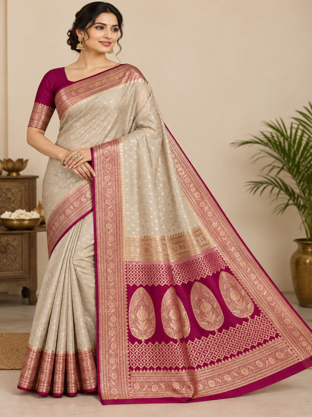 Ivory &amp; Rani Pink and Golden Zari Work Silk Blend Saree for Wedding &amp; Festive Wear with Unstitched Blouse