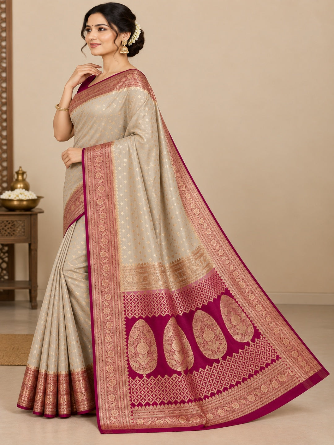 Ivory &amp; Rani Pink and Golden Zari Work Silk Blend Saree for Wedding &amp; Festive Wear with Unstitched Blouse