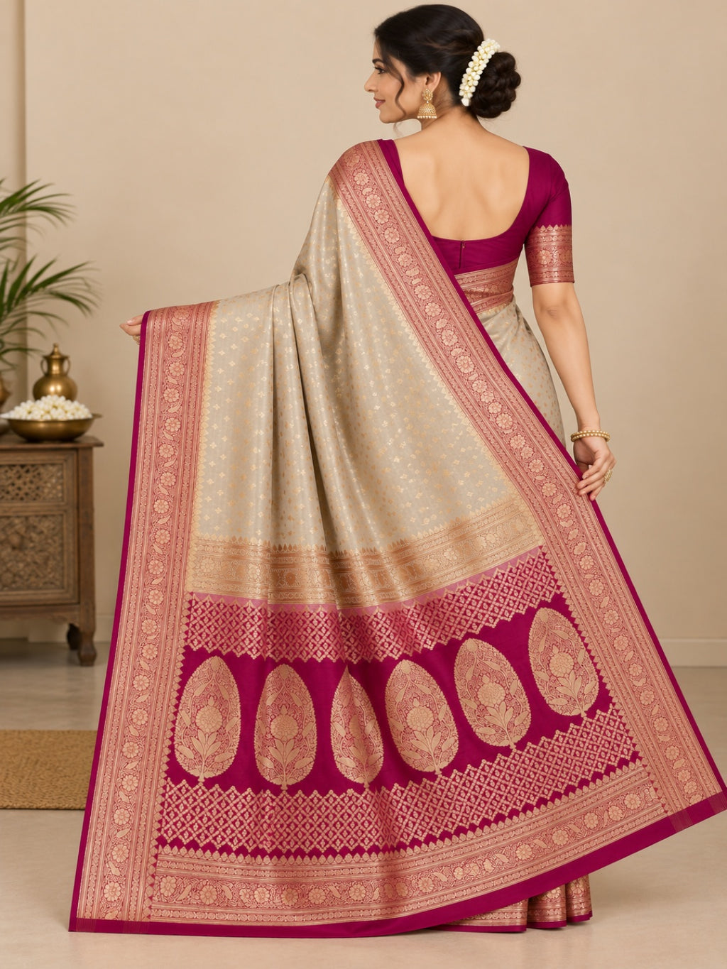 Ivory &amp; Rani Pink and Golden Zari Work Silk Blend Saree for Wedding &amp; Festive Wear with Unstitched Blouse