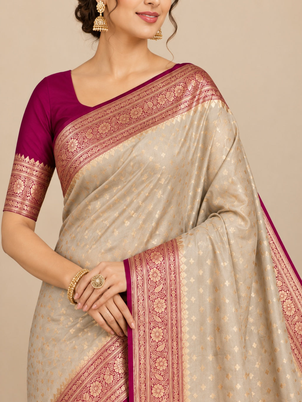 Ivory &amp; Rani Pink and Golden Zari Work Silk Blend Saree for Wedding &amp; Festive Wear with Unstitched Blouse