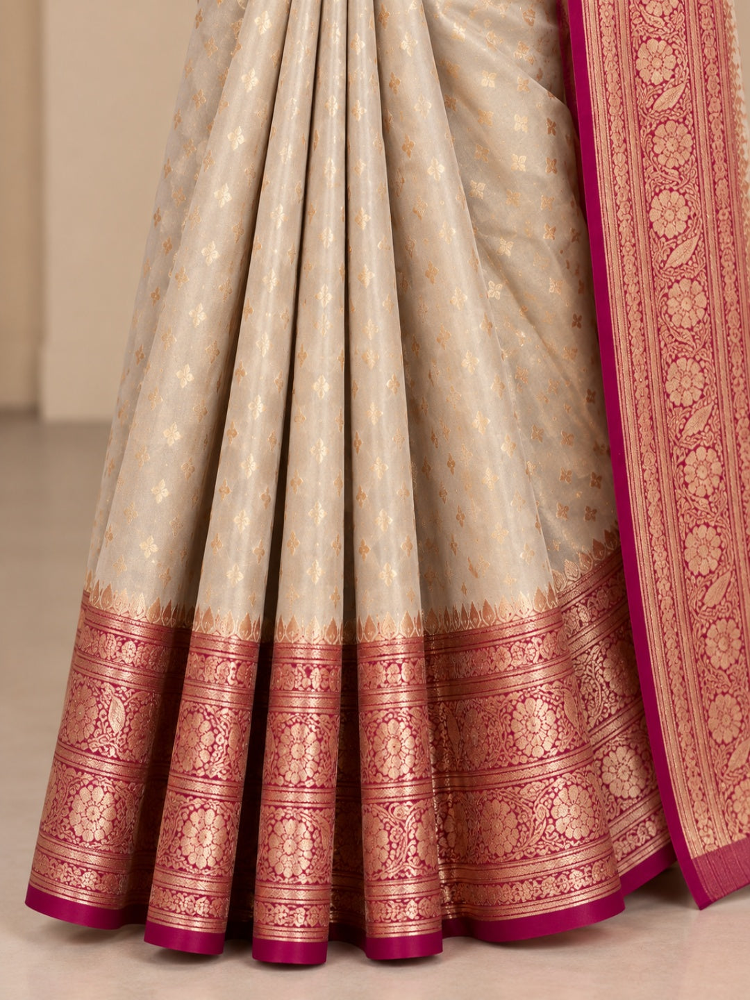 Ivory &amp; Rani Pink and Golden Zari Work Silk Blend Saree for Wedding &amp; Festive Wear with Unstitched Blouse