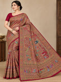 Silk Blend Rani Pink with Multicolor Saree for Wedding &amp; Festive Wear with Unstitched Blouse