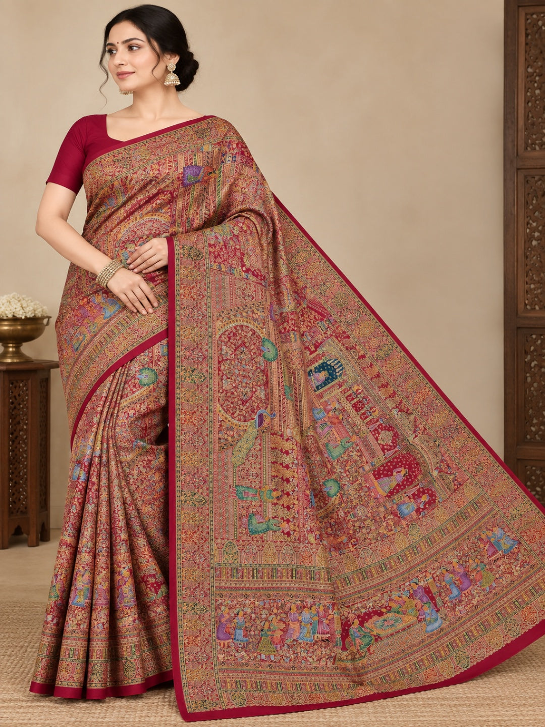 Silk Blend Rani Pink with Multicolor Saree for Wedding &amp; Festive Wear with Unstitched Blouse