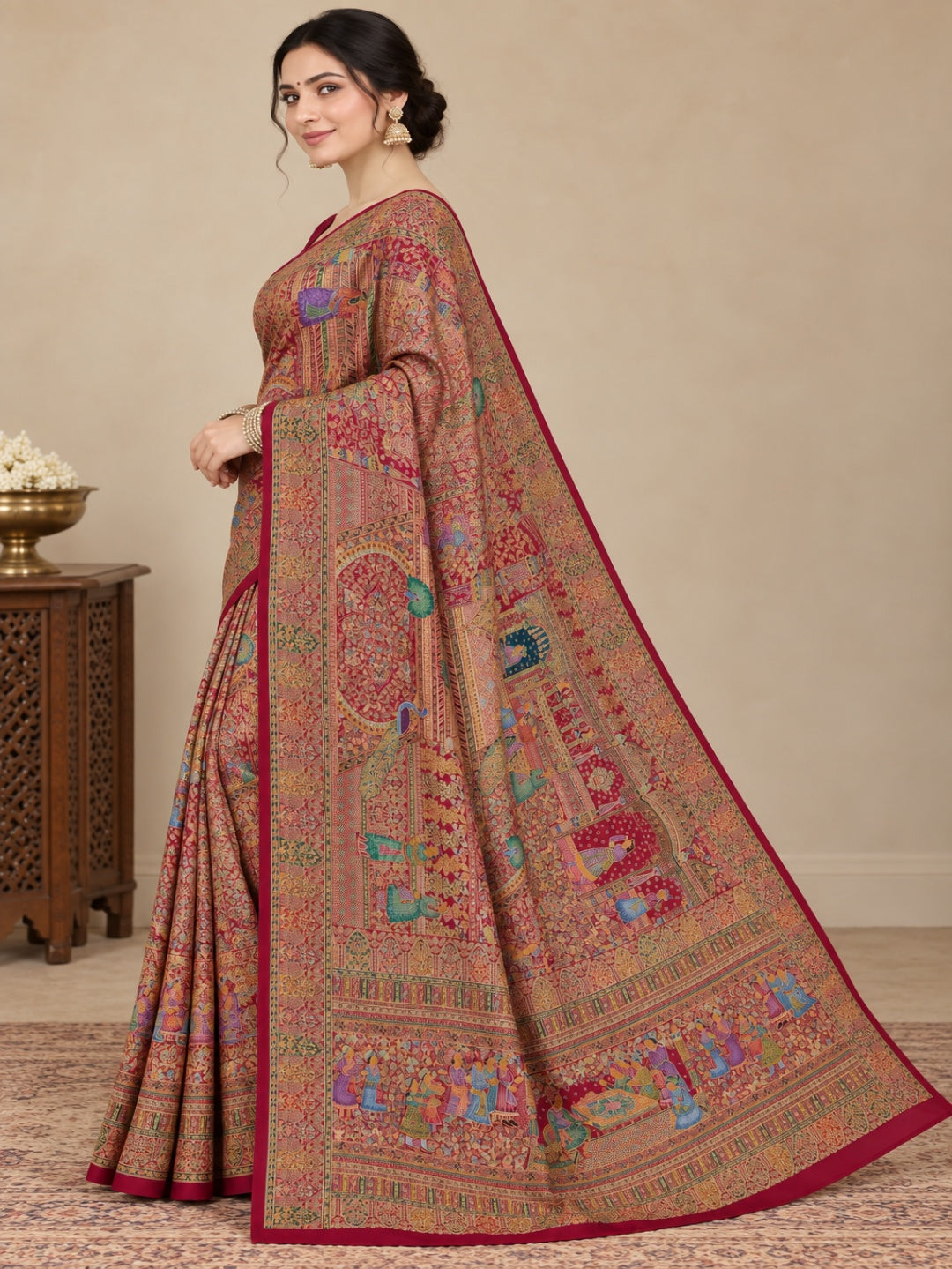 Silk Blend Rani Pink with Multicolor Saree for Wedding &amp; Festive Wear with Unstitched Blouse