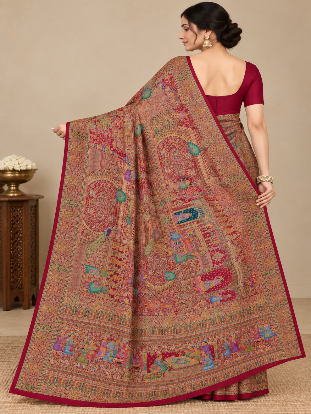 Silk Blend Rani Pink with Multicolor Saree for Wedding &amp; Festive Wear with Unstitched Blouse