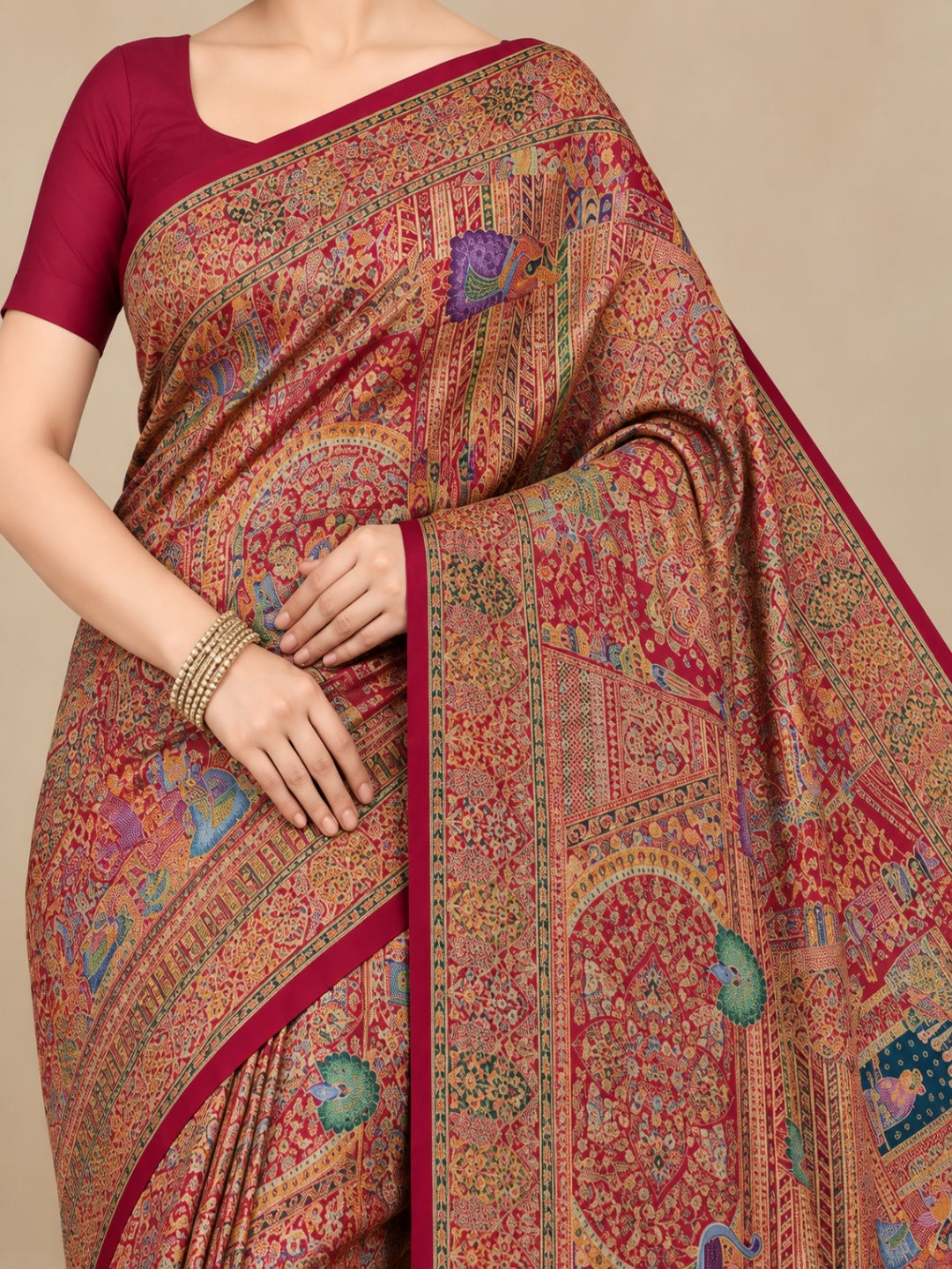 Silk Blend Rani Pink with Multicolor Saree for Wedding &amp; Festive Wear with Unstitched Blouse
